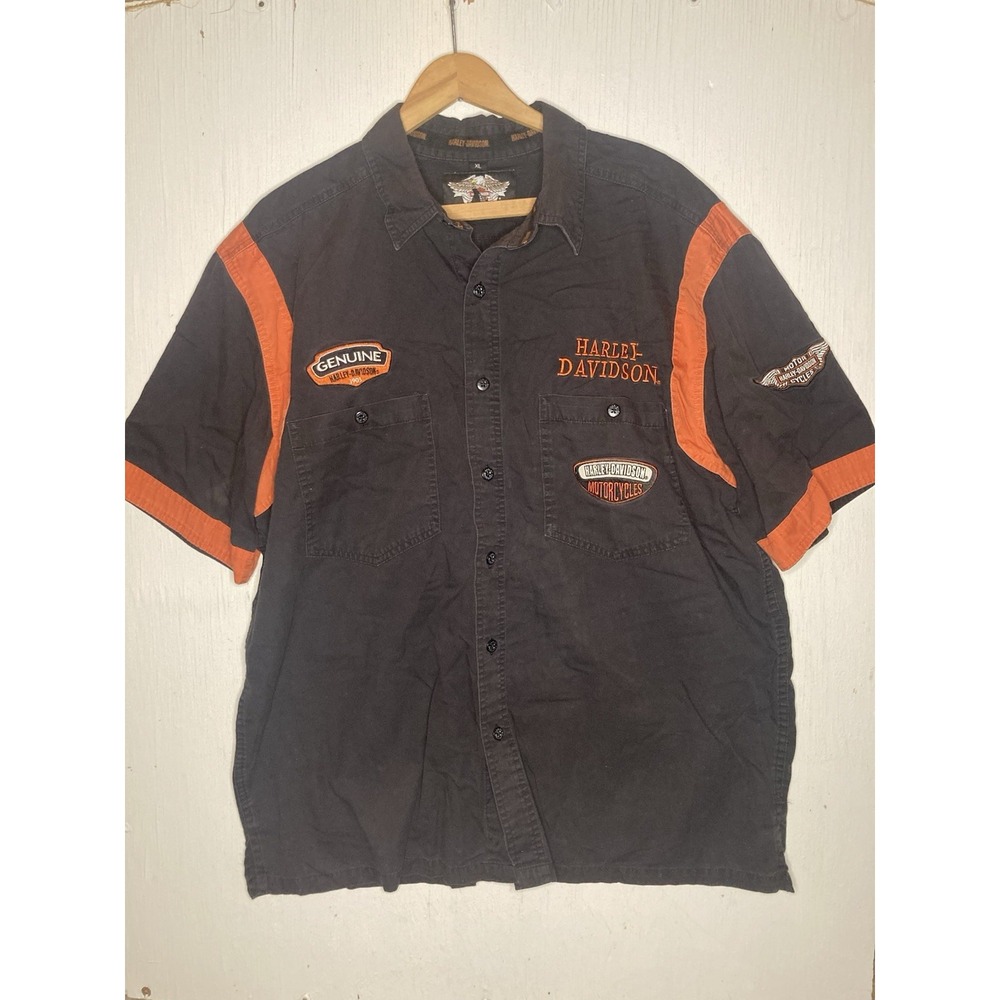 Harley Davidson Button Up Short Sleeve Men's XL Black Embroidered Mechanic